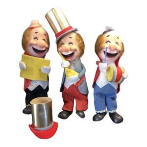 Vintage‎ Handcrafted Plastic Face Wood Feet Clown Wearing Top Hat Felt Clothing